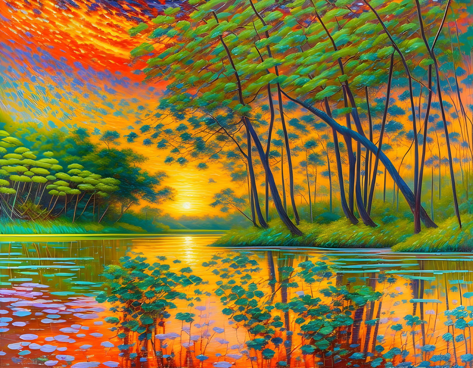 Scenic forest painting with tall trees, sunset reflection, and colorful foliage