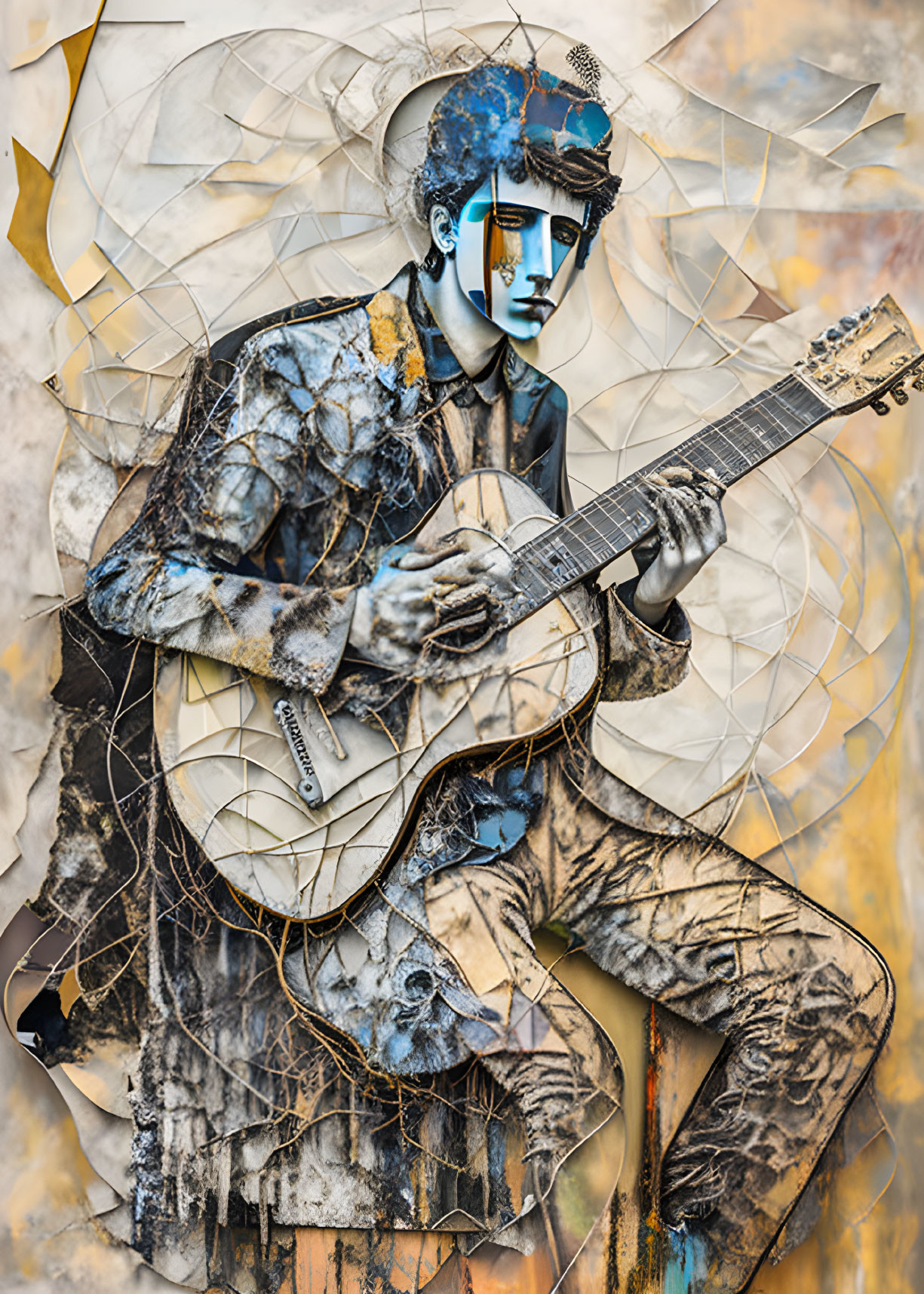 Figure Playing Guitar in Collage of Textures and Patterns on Blue-Toned Face Against Rustic Background