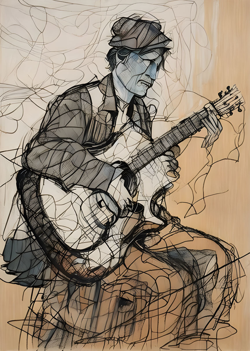 Focused musician sketch playing acoustic guitar with expressive lines.