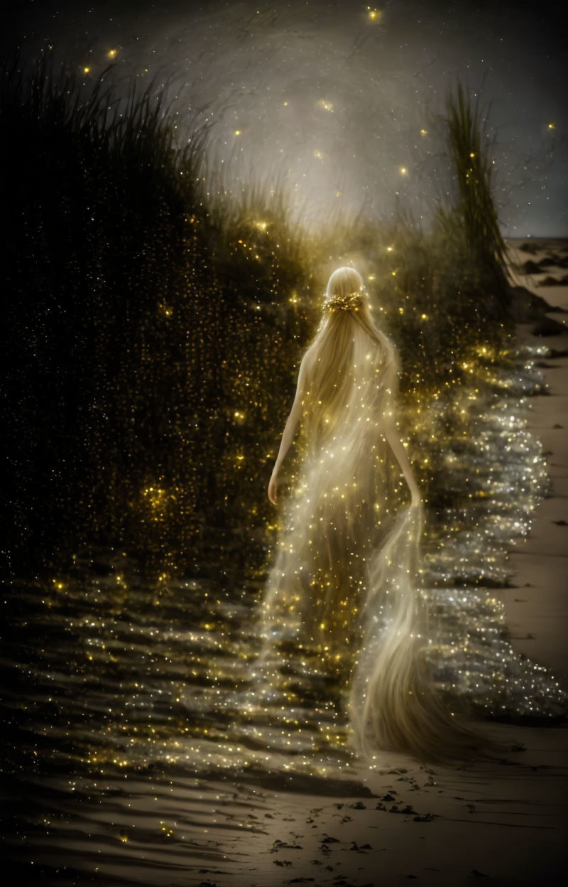 Glowing-haired figure on beach at night with sparkles and firefly lights