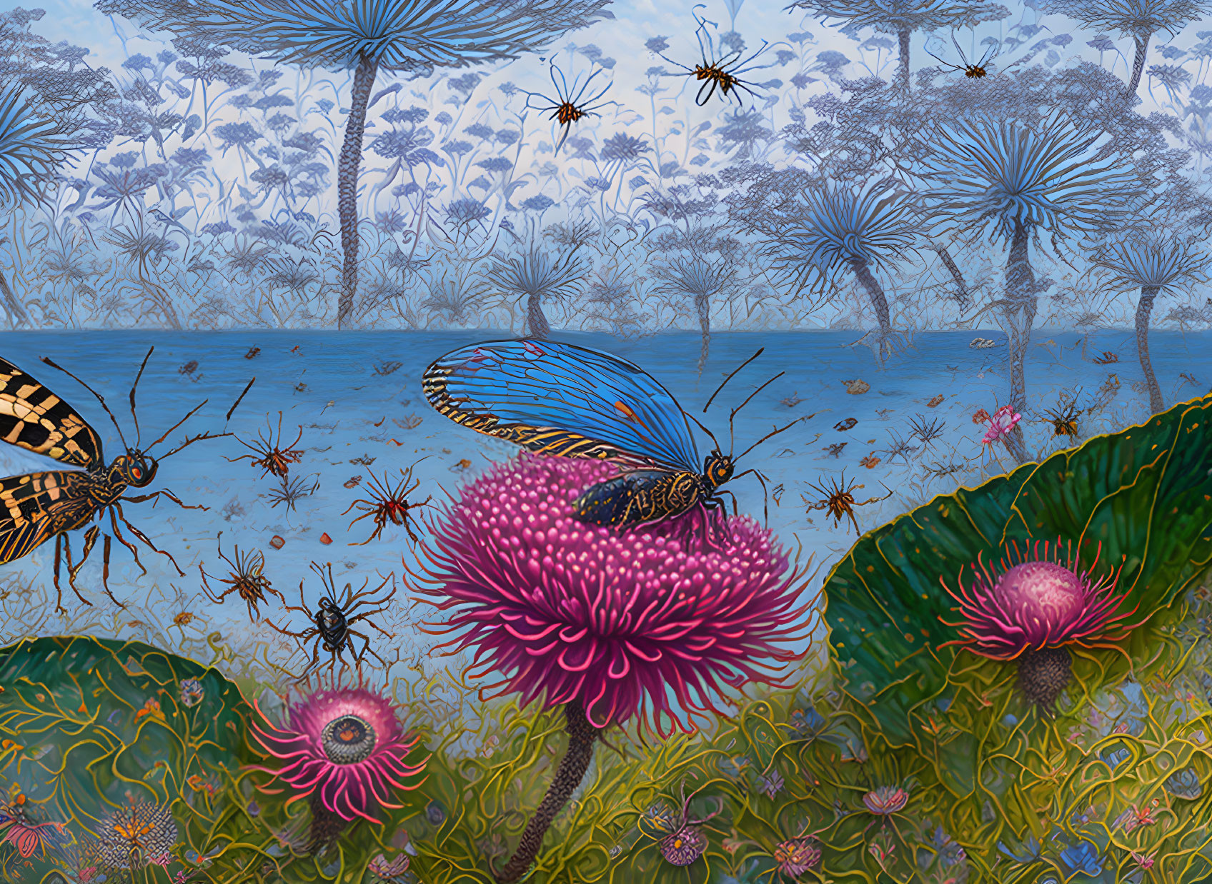 Colorful Insect Ecosystem with Butterflies, Bees, and Flowers