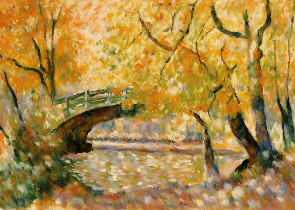 Autumnal Impressionist Painting: Golden Foliage, River Bridge, Water Reflections