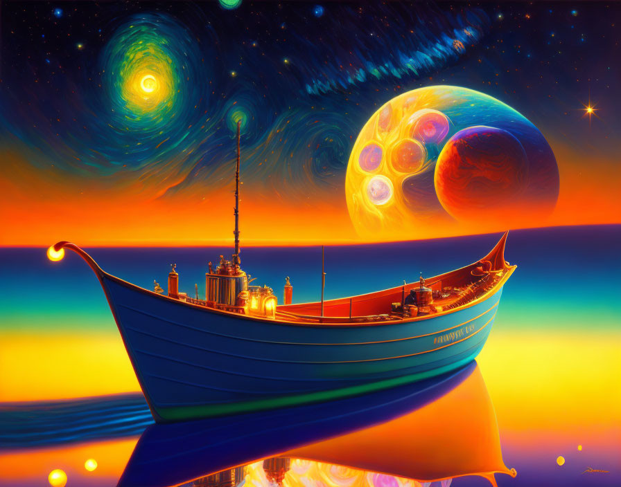 Colorful surreal boat floating above fiery sea under swirling galaxy