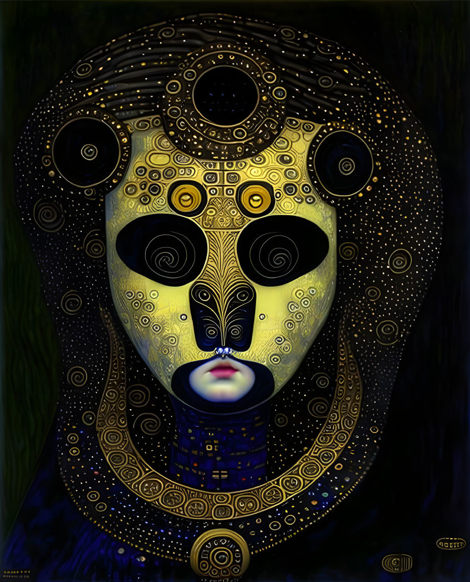 Stylized face with golden patterns on dark background and blue body