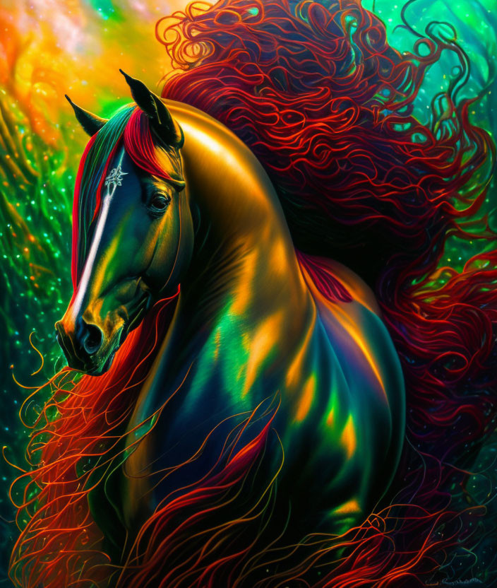 Vivid Horse Artwork with Fiery Mane and Aurora Background