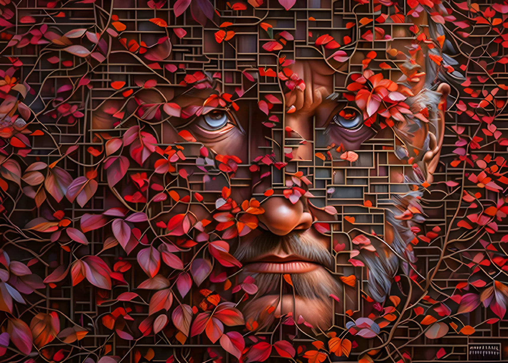 Fragmented Face with Vines and Red Leaves on Dark Geometric Background