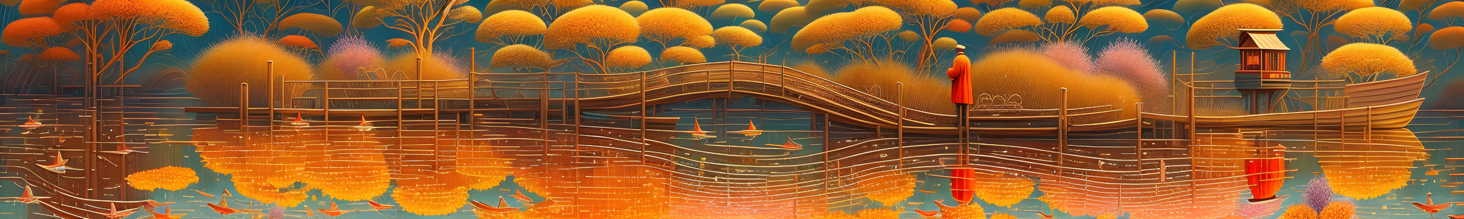 Panoramic fantasy landscape with orange and yellow hues and whimsical ship-like structure