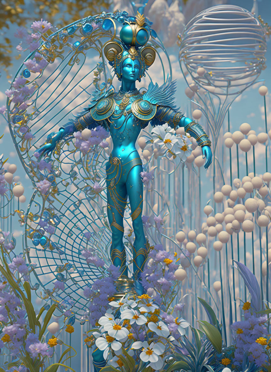 Blue-skinned fantasy figure with golden headgear in mystical garden