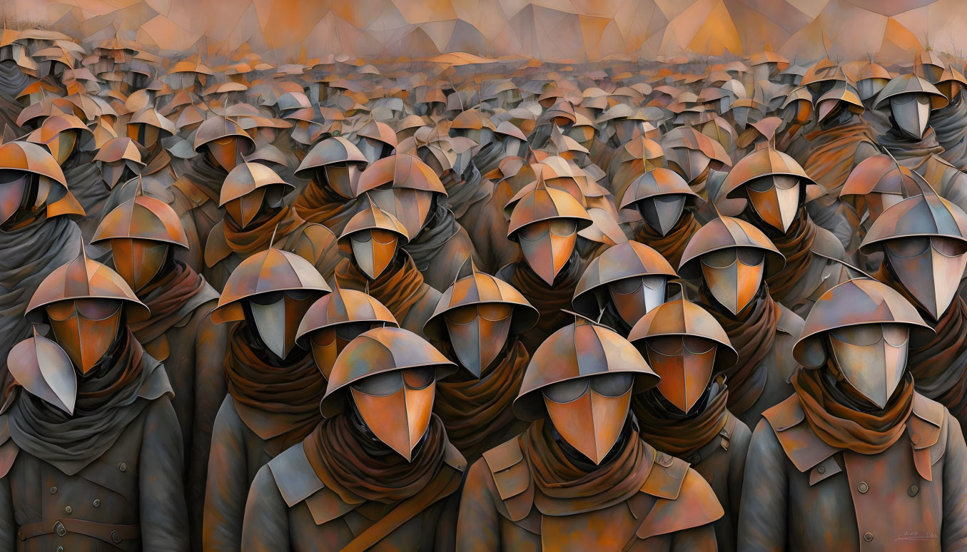 Stylized medieval knights in armor formation with sepia-toned helmets and cloaks