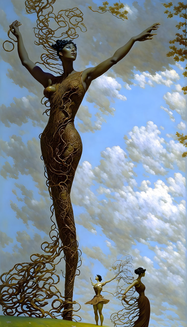 Surreal artwork: Tall figure with intricate patterns, reaching sky, surrounded by smaller figures