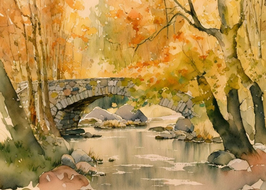 Scenic Watercolor: Old Stone Bridge, River, Autumn Trees