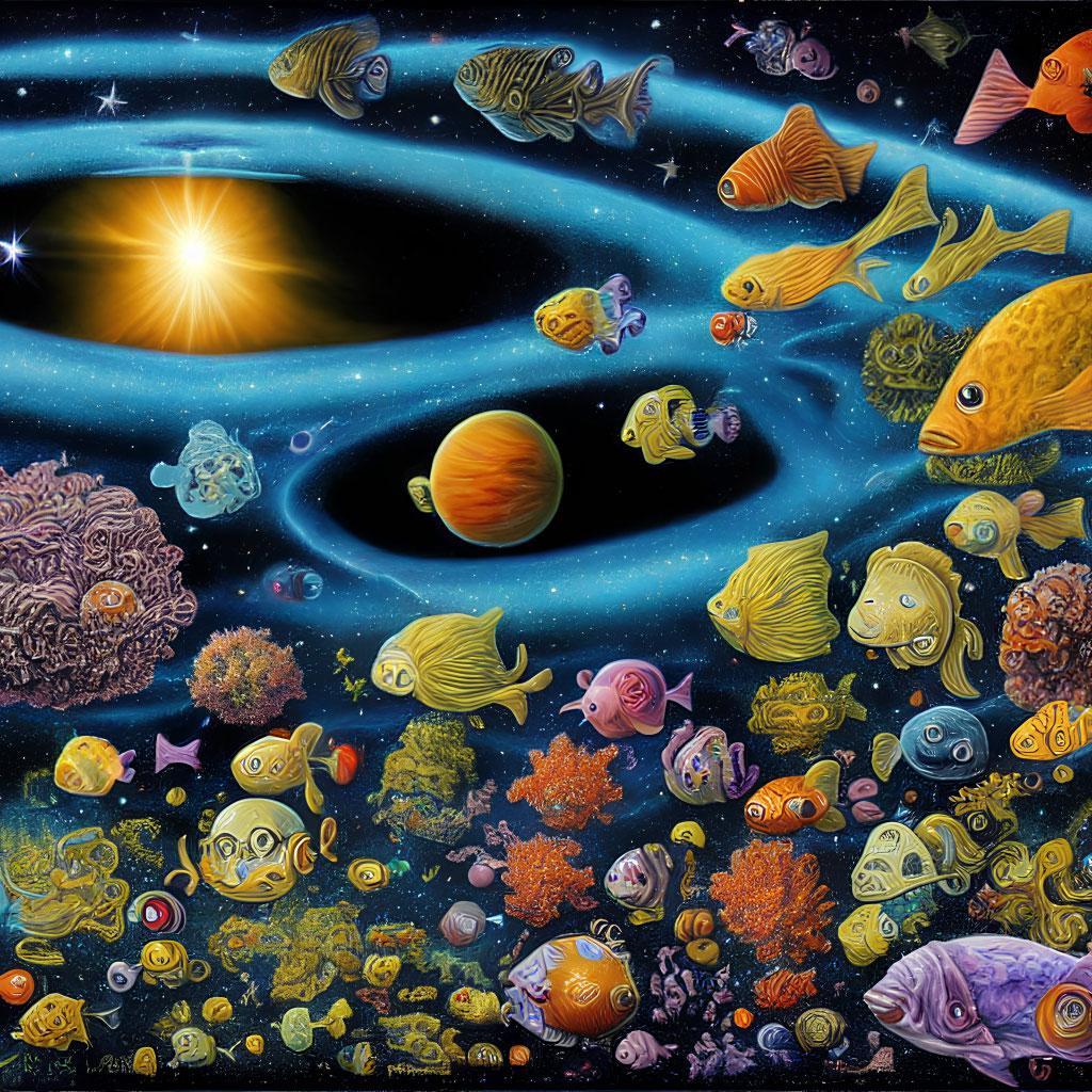 Marine Fish Swimming in Whimsical Space Scene