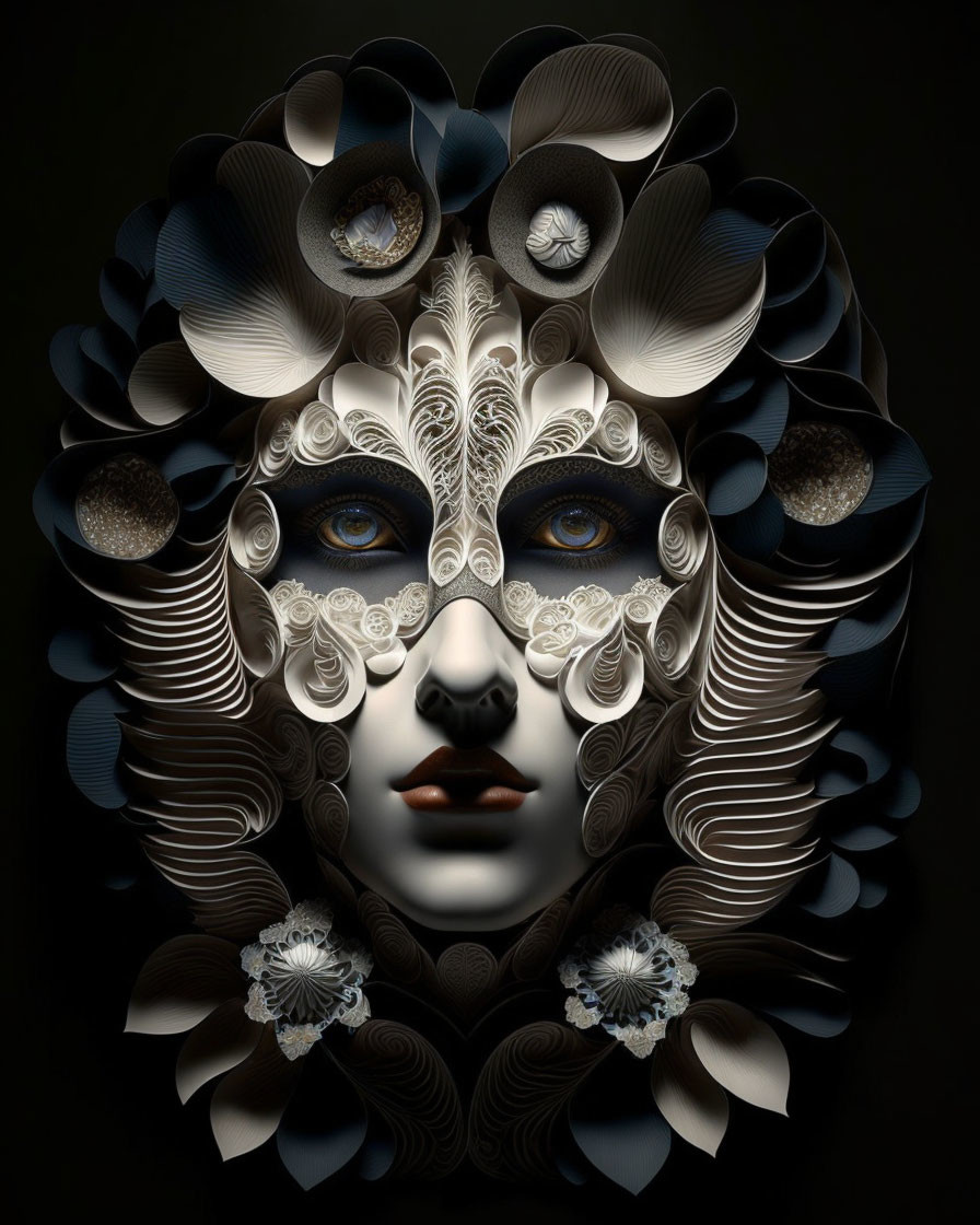 Symmetrical floral patterns adorn a face, creating a mask-like appearance