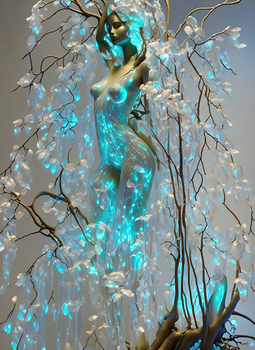 Mystical woman figure intertwined with glowing blue leaves and branches