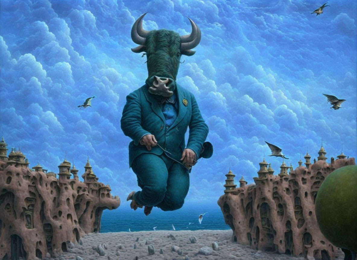 Surreal painting: Bull-headed humanoid in coat, cane, levitating over desert with architecture &