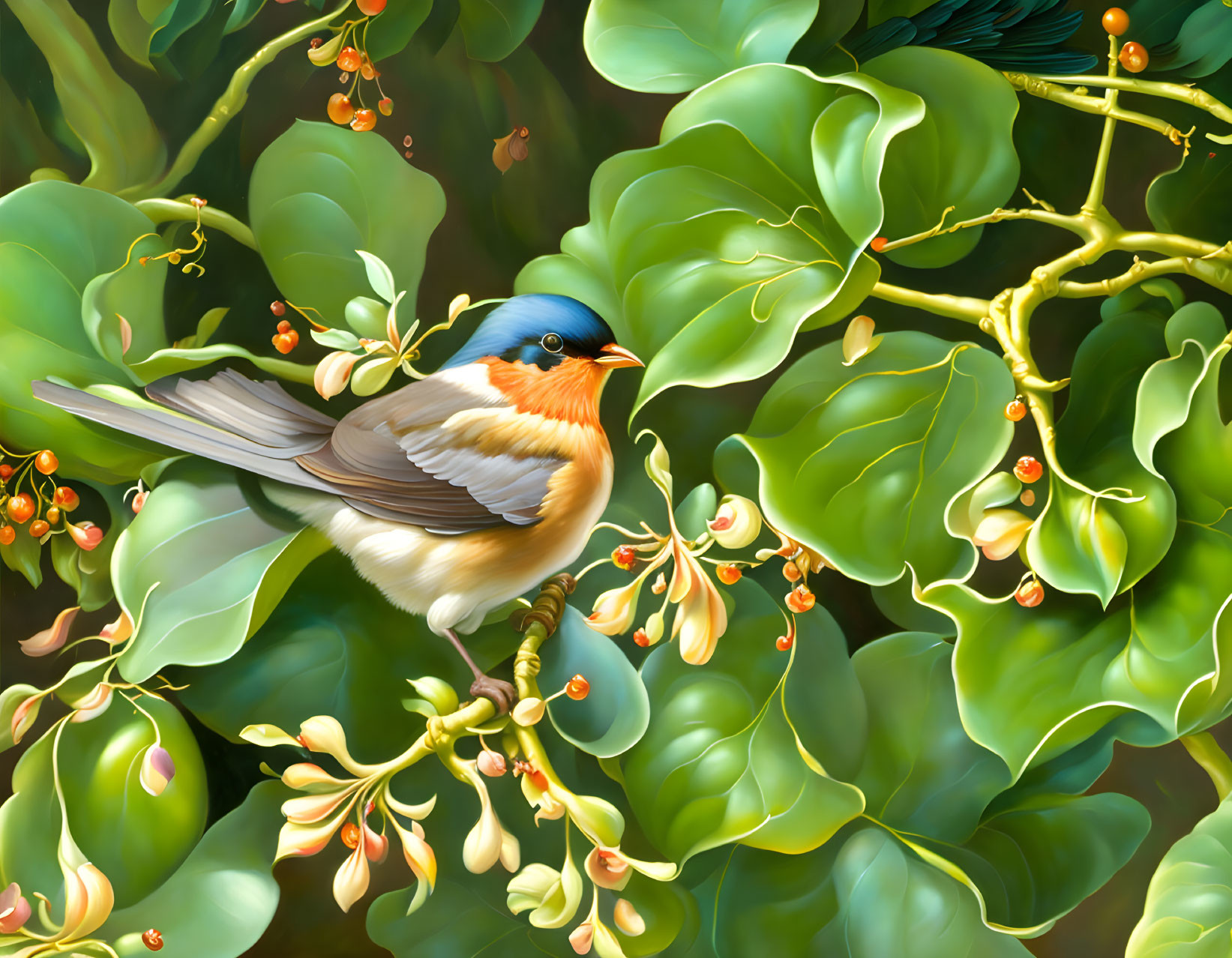 Vibrant bird with blue, white, and orange feathers on branch with green leaves and red berries