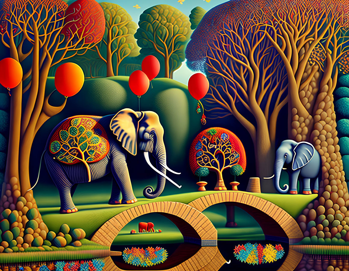 Colorful Stylized Artwork: Two Decorated Elephants in Vibrant Nature Scene