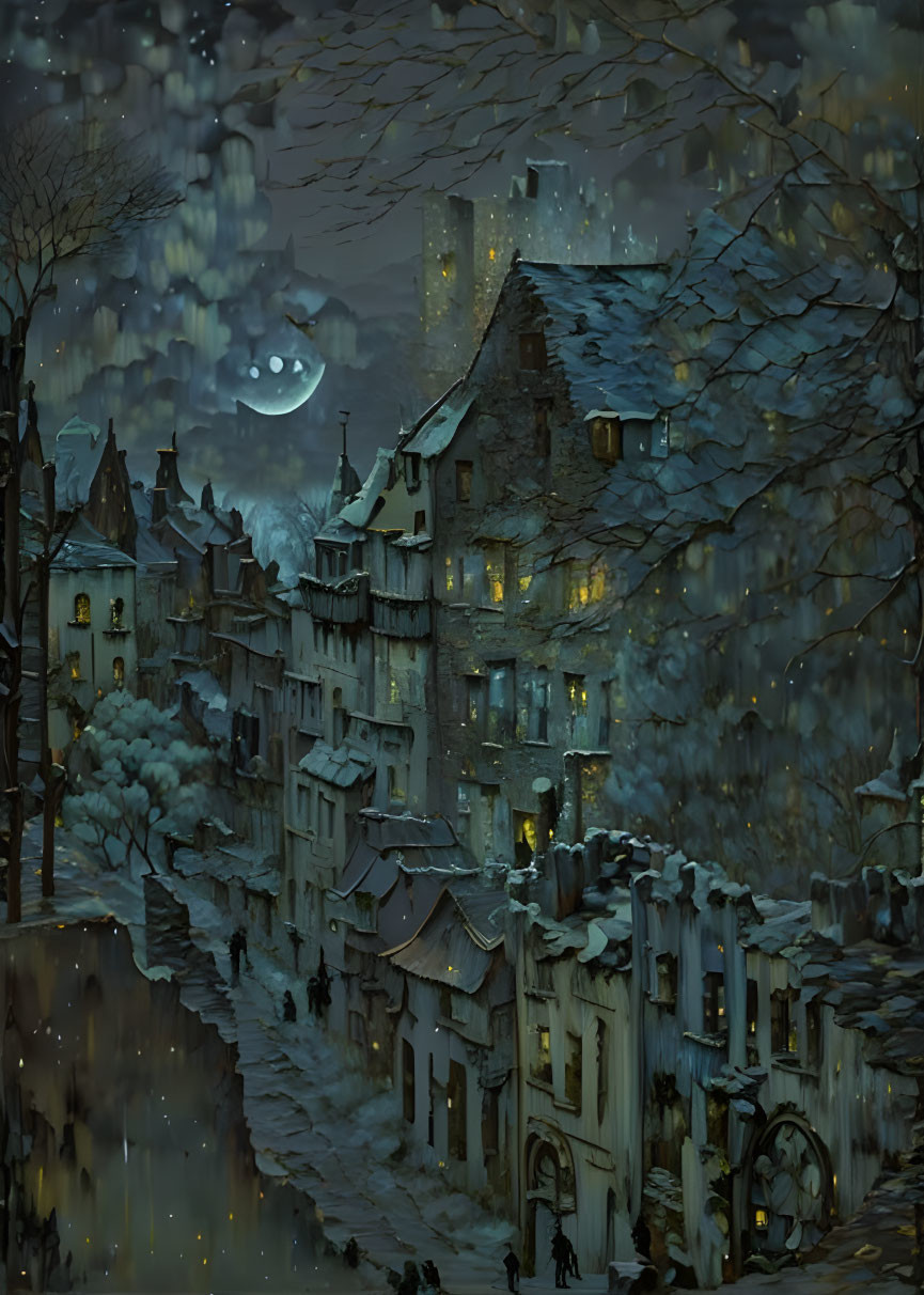 Medieval town winter night: snow rooftops, warm lights, crescent moon, people walking