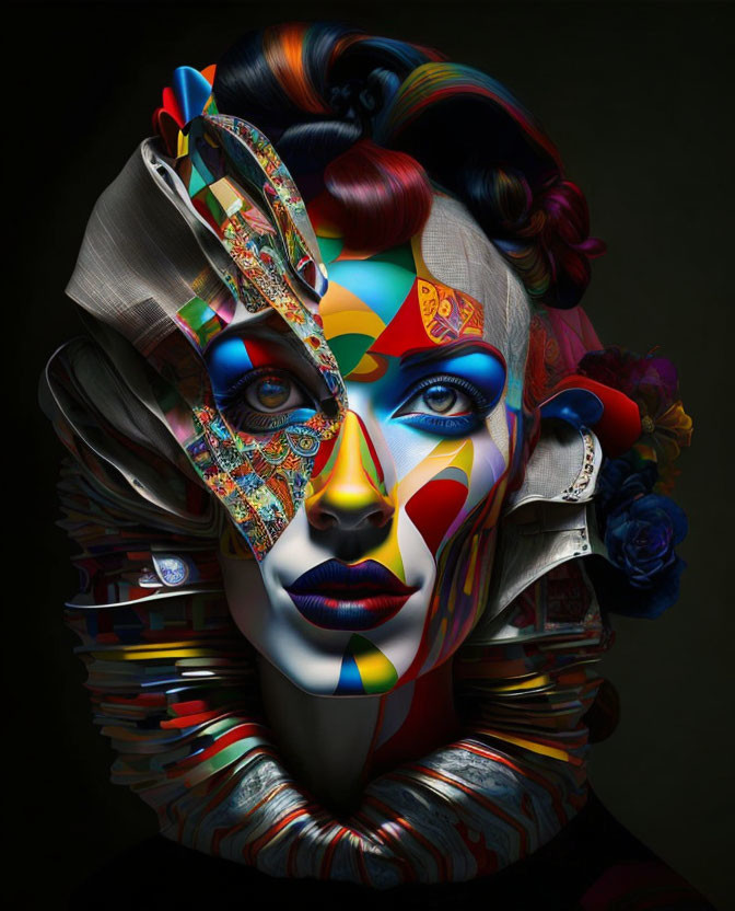 Multifaceted digital artwork of woman's face with colorful geometric patterns