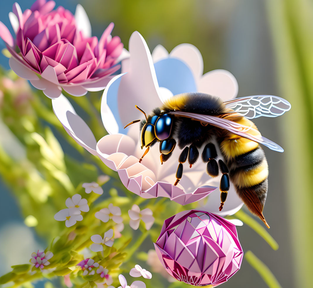 Realistic digital illustration: Bumblebee near vibrant flowers