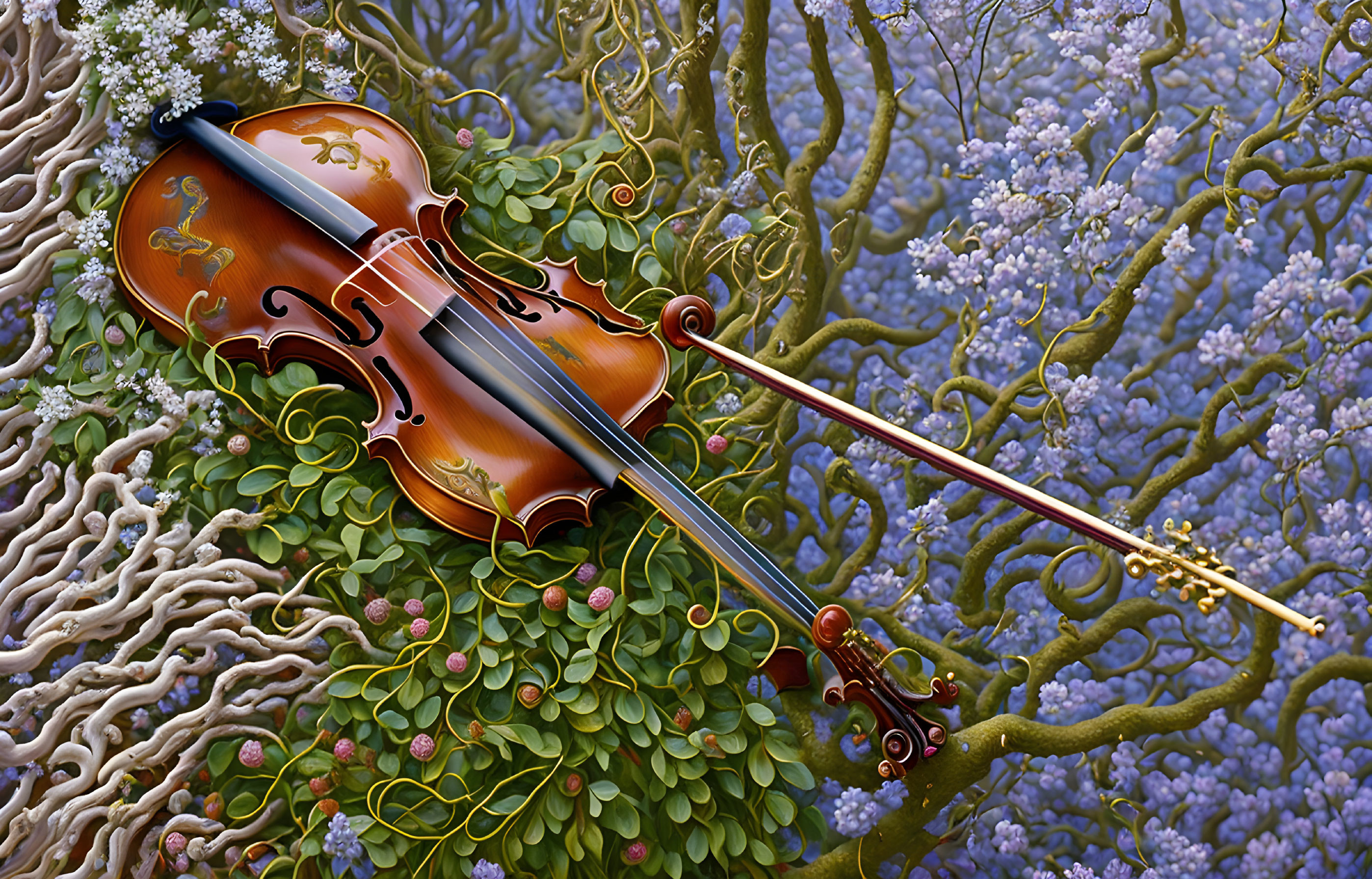 Decorated Violin and Bow on Green Leaves with Tree Branches