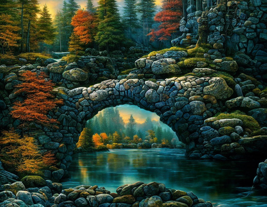 Stone bridge over serene river in autumn forest with misty background