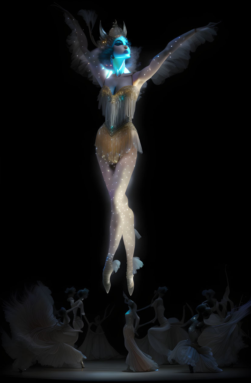 Luminous dancer in blue feathered costume on stage surrounded by soft light dancers