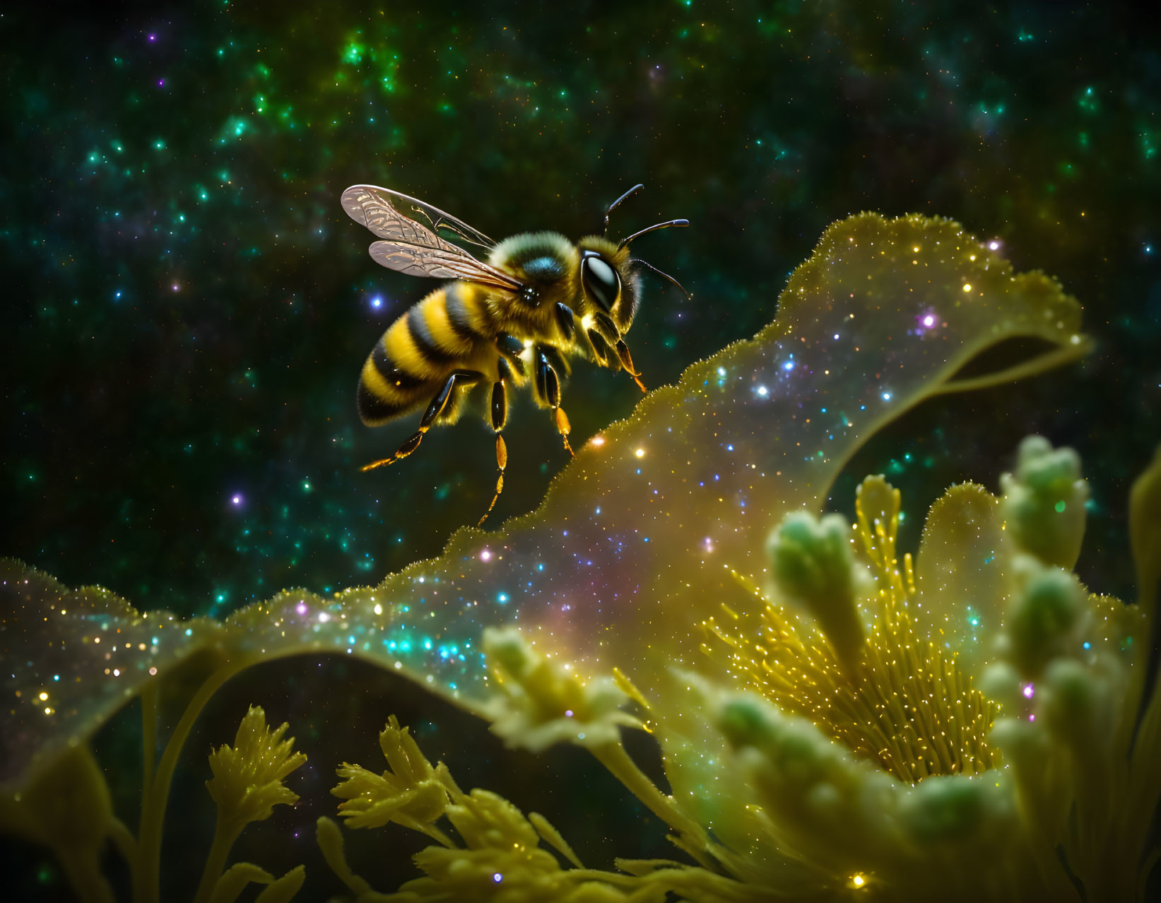 Bee hovering over starry flowers on cosmic background