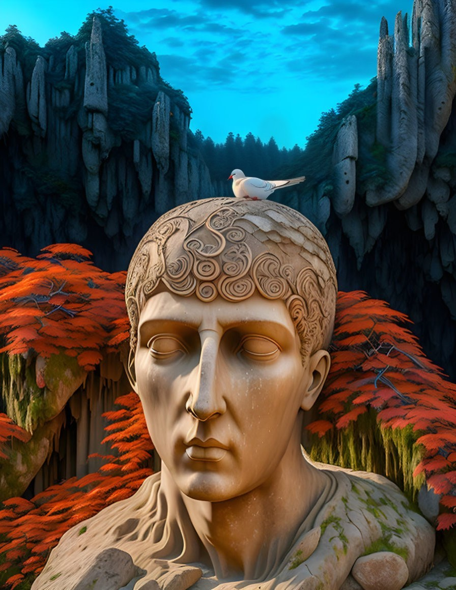 Serene stone statue with dove amidst autumn scenery