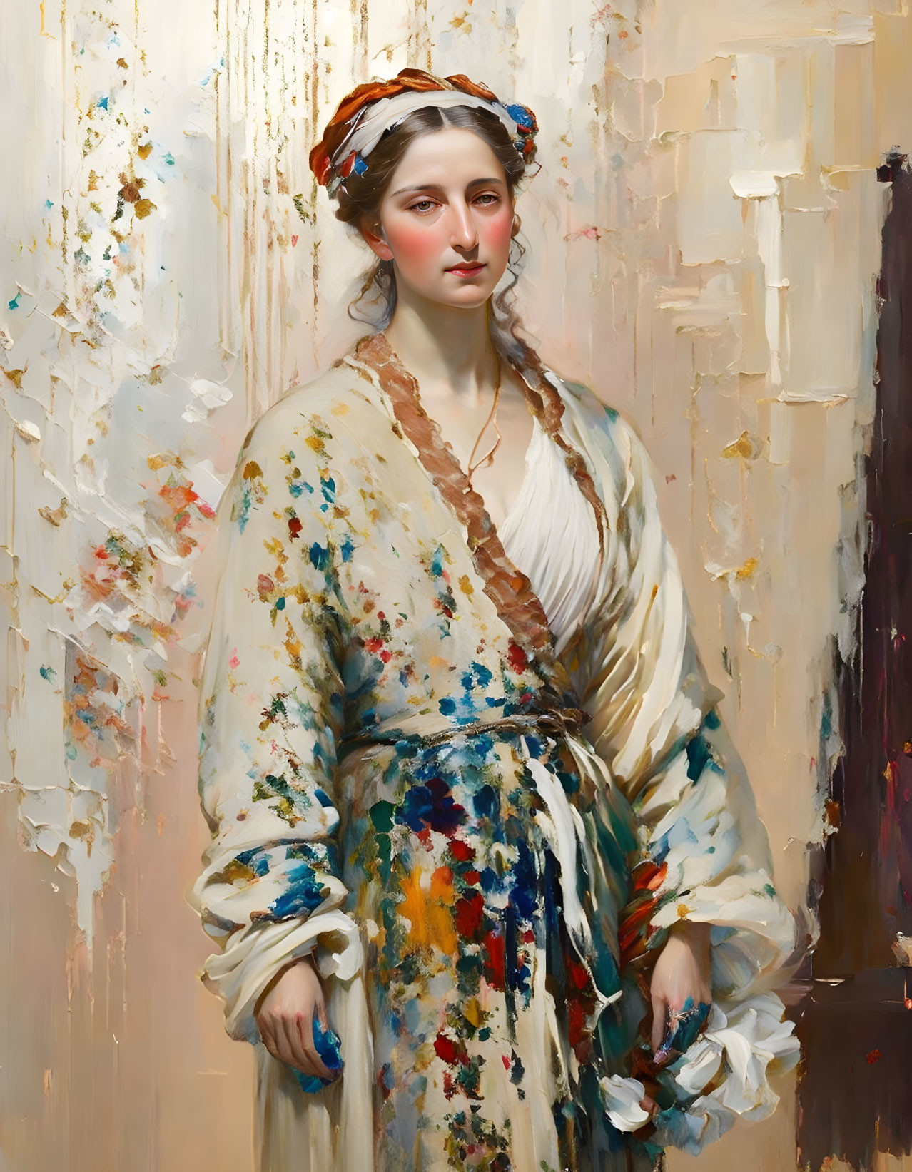 Portrait of Woman in Braided Headband and Speckled Robe Holding Flower