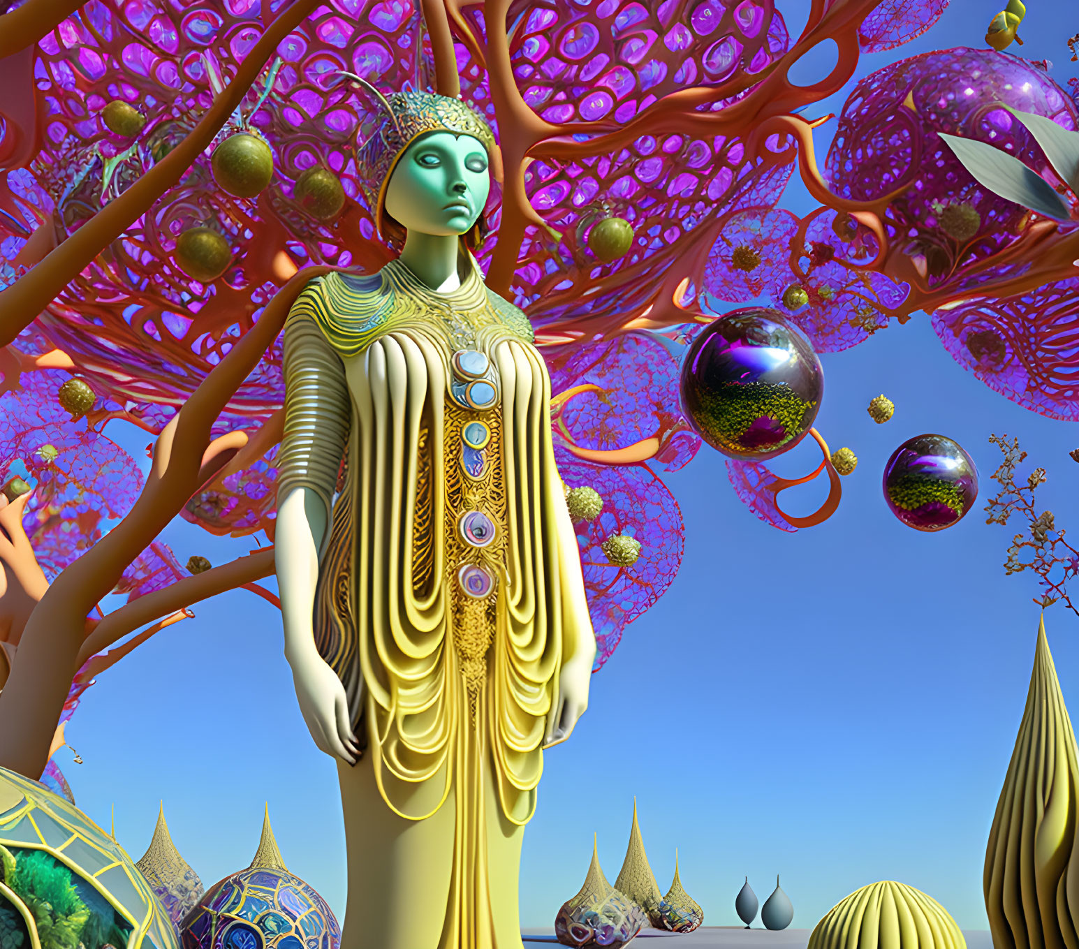 Colorful surreal artwork: androgynous humanoid in blue and yellow clothing near fantastical tree