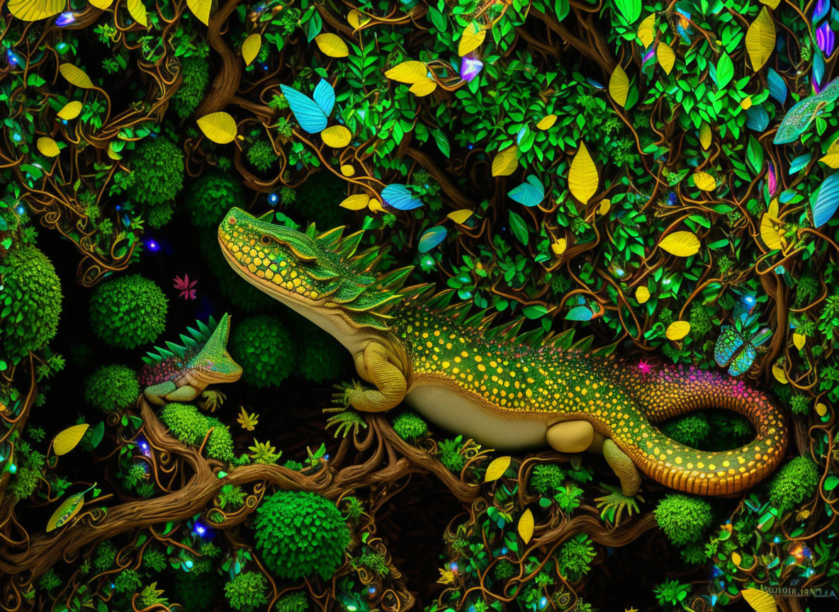 Colorful digital artwork: Golden lizard in enchanted forest