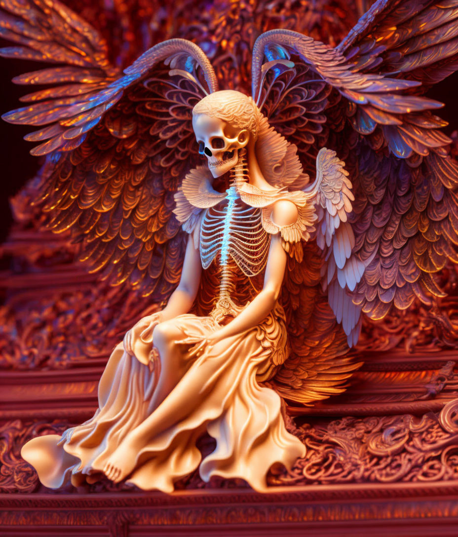 Skeletal figure with angelic wings in flowing garment on ornate red background