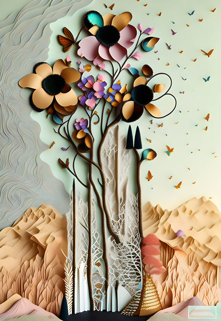 Colorful 3D paper art with flowers, butterflies, and earthy hills