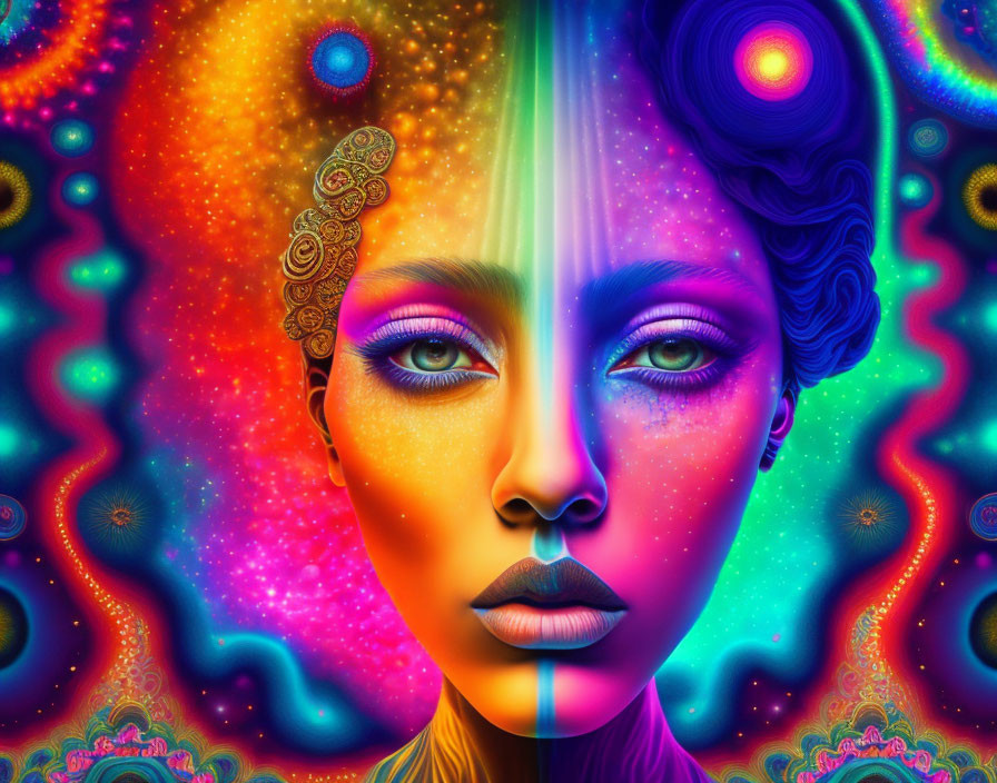 Colorful Digital Artwork of Woman's Face with Intense Eyes and Psychedelic Patterns