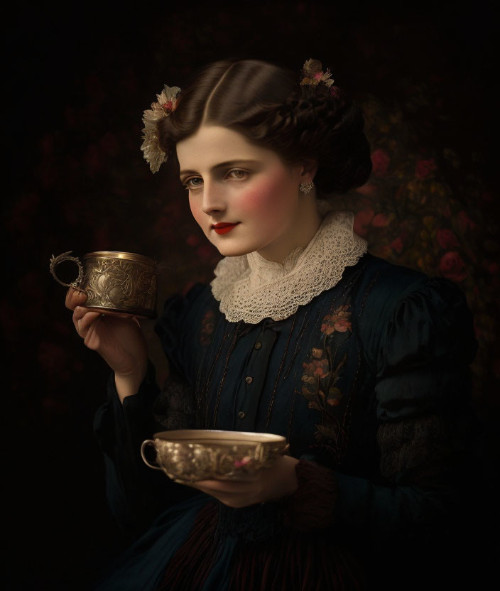 Vintage dress woman holding teacup in floral setting