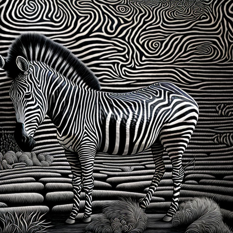 Zebra Among Abstract Black and White Patterns