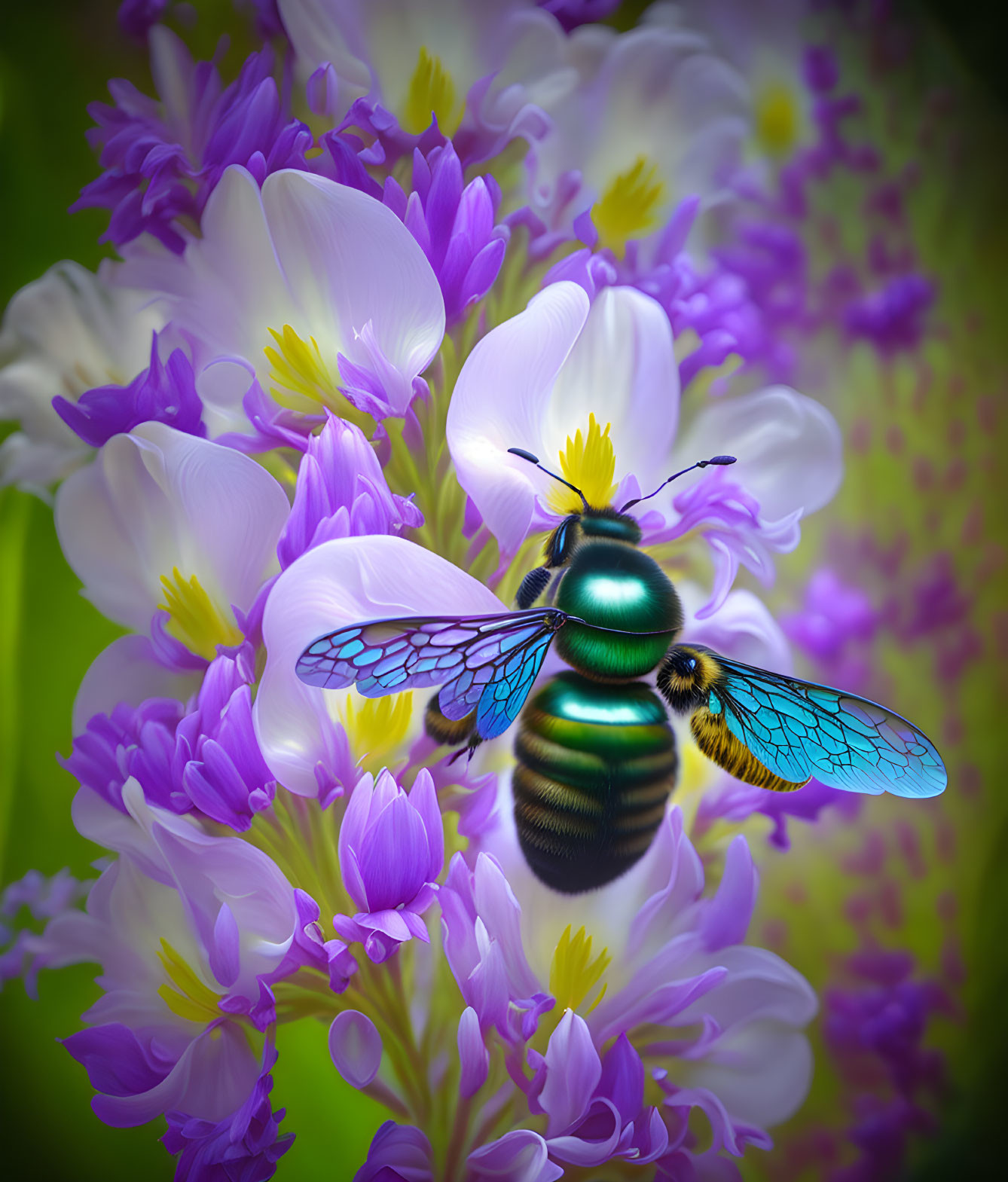 Colorful Bee Pollinating Purple and White Flowers in Green Background