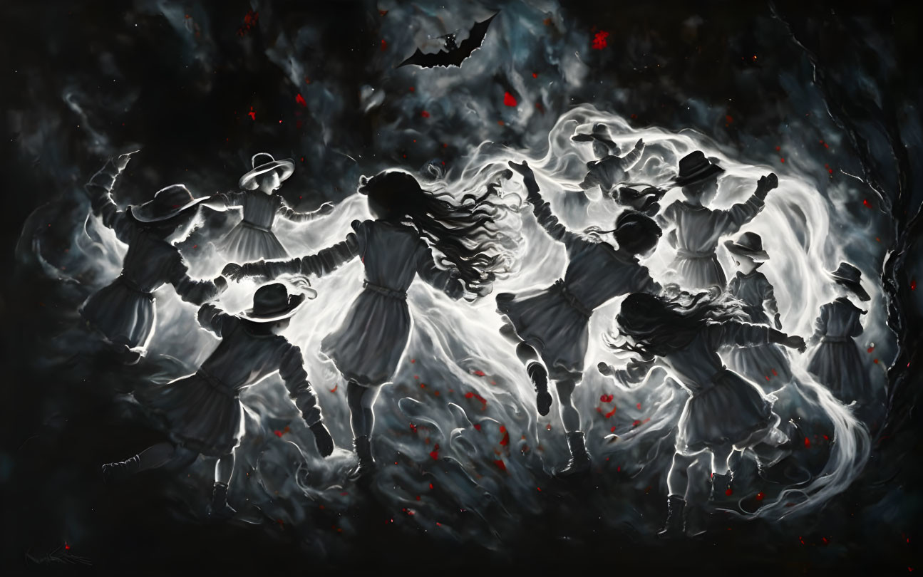 Ghostly figures in dance amidst ethereal mists and red embers on dark background