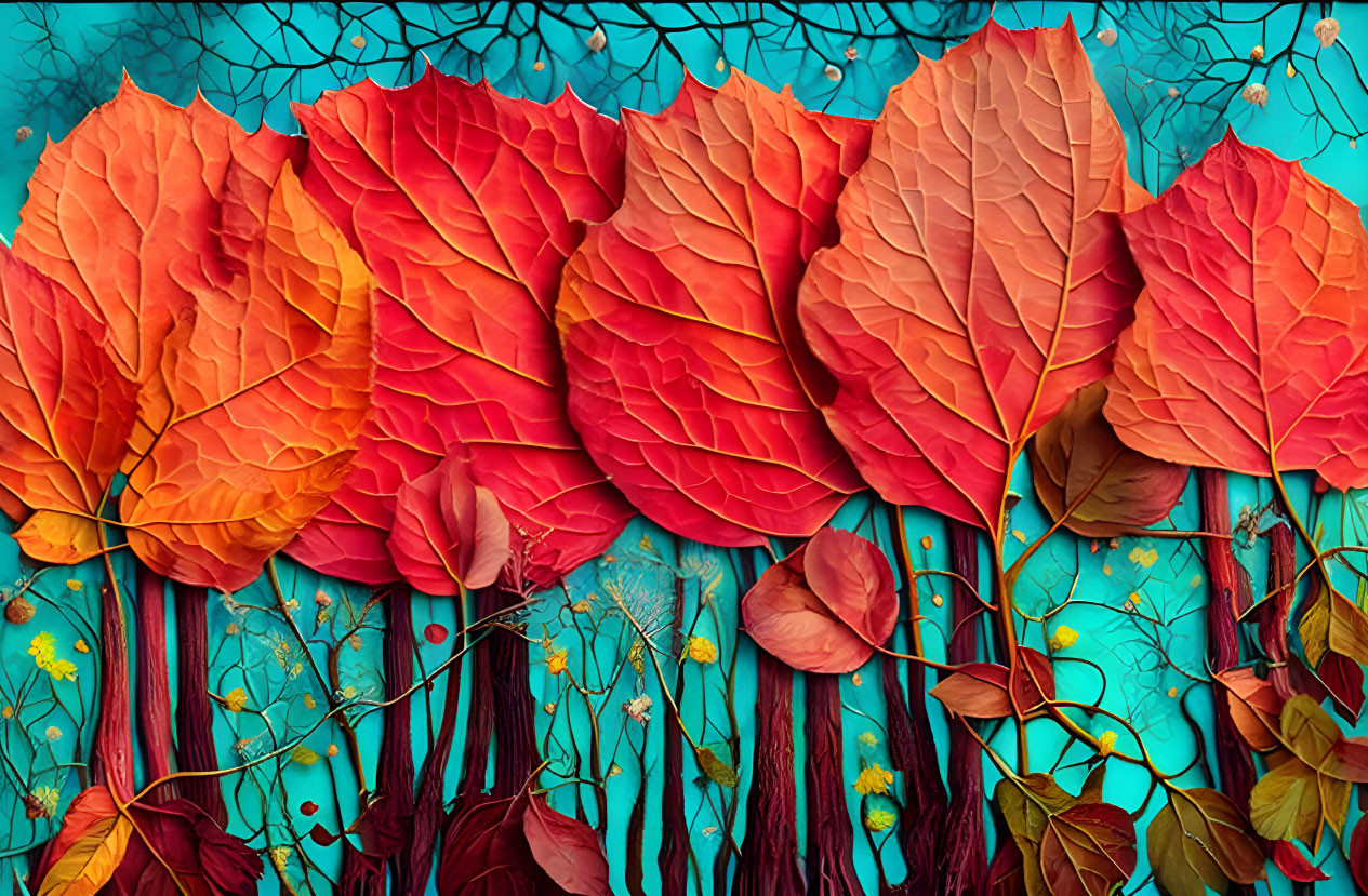 Colorful autumn foliage against teal background with blue twigs and yellow blossoms.