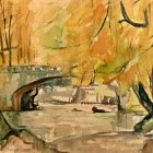 Scenic Watercolor: Old Stone Bridge, River, Autumn Trees