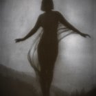 Ethereal figure in sheer gown against swirling clouds