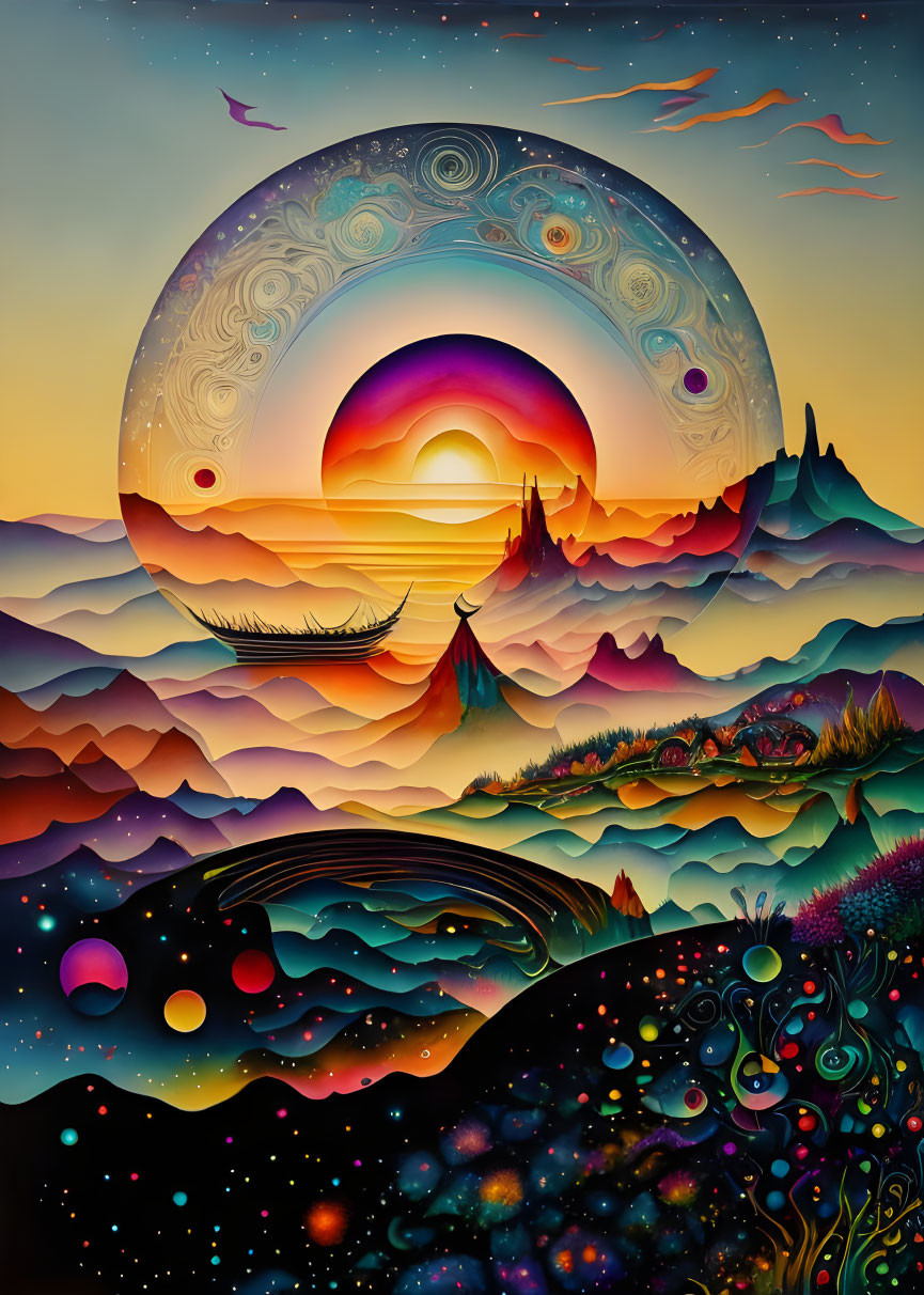 Surreal landscape with rolling hills, large moon, setting sun, and colorful star-dotted sky