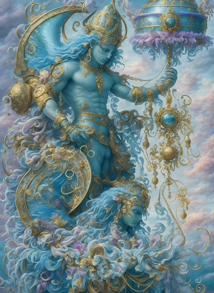 Blue-skinned figures in ornate golden armor with swirling clouds.