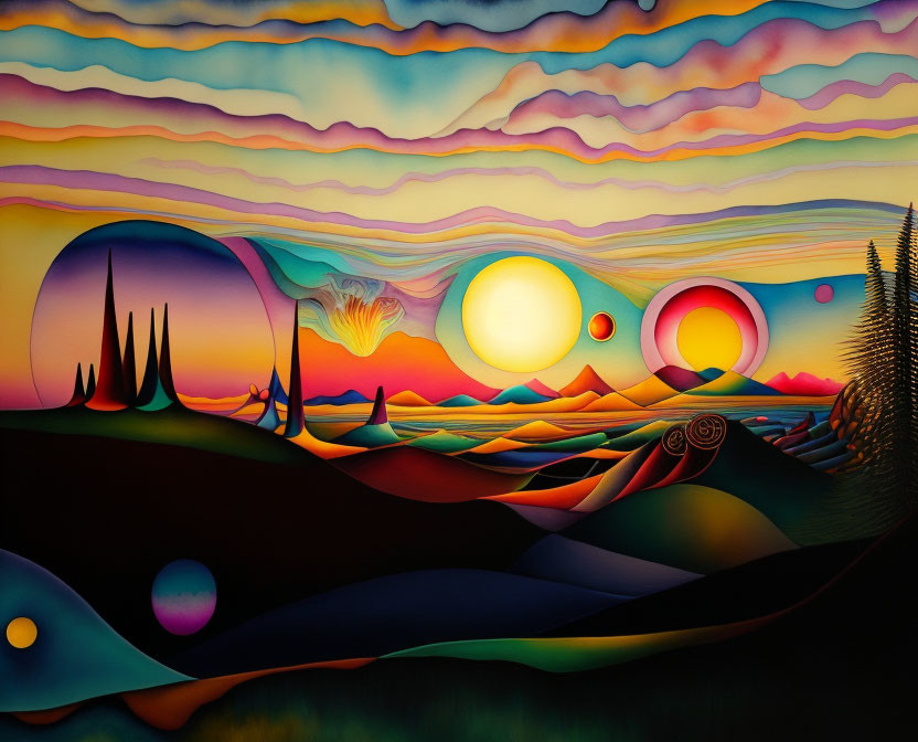 Colorful landscape painting with rolling hills, stylized trees, large sun, and surreal sky