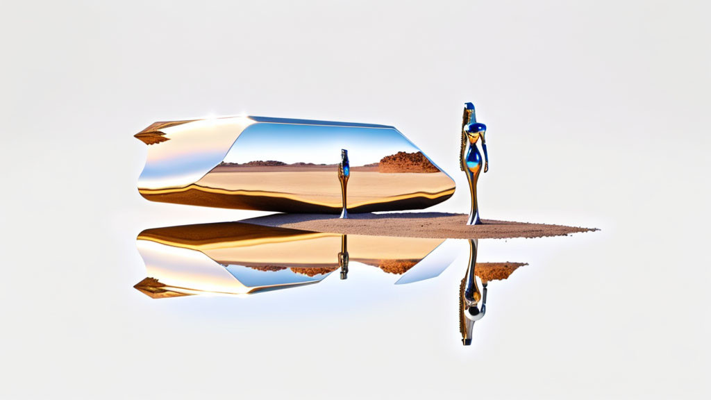 Surreal image of gold book with desert landscape pages and mirrored figure