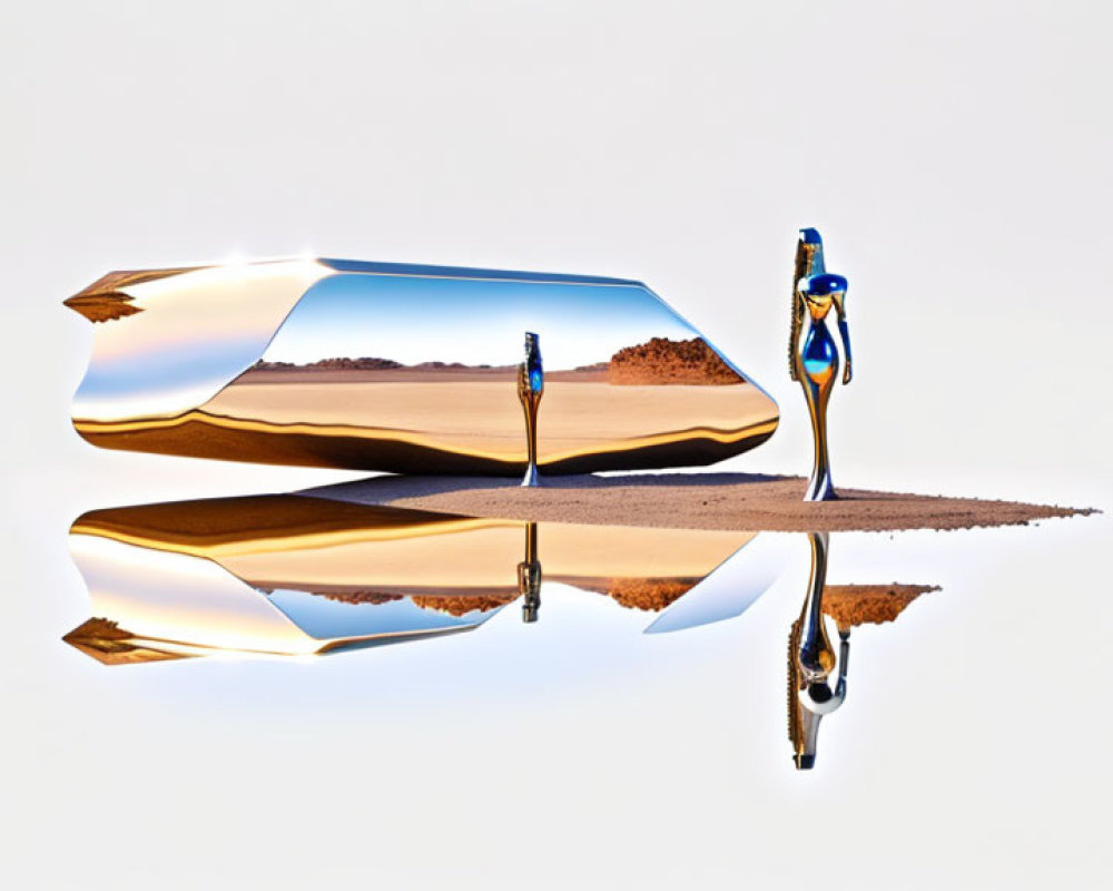 Surreal image of gold book with desert landscape pages and mirrored figure