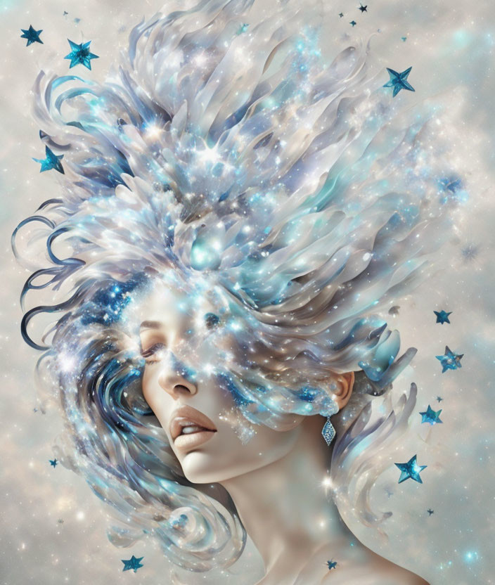 Surreal portrait of a woman with cosmic hair flowing in galaxy pattern