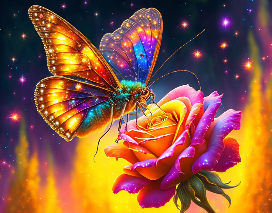 Colorful Butterfly Artwork on Rose with Cosmic Background