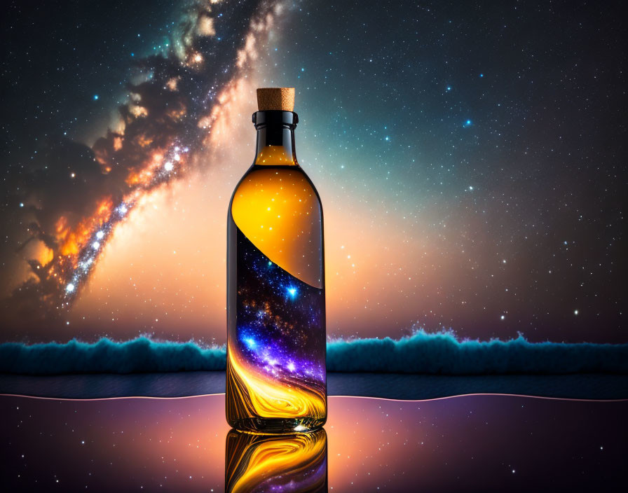 Glass Bottle with Cosmic Scene Against Starry Sky and Blue Ocean Waves